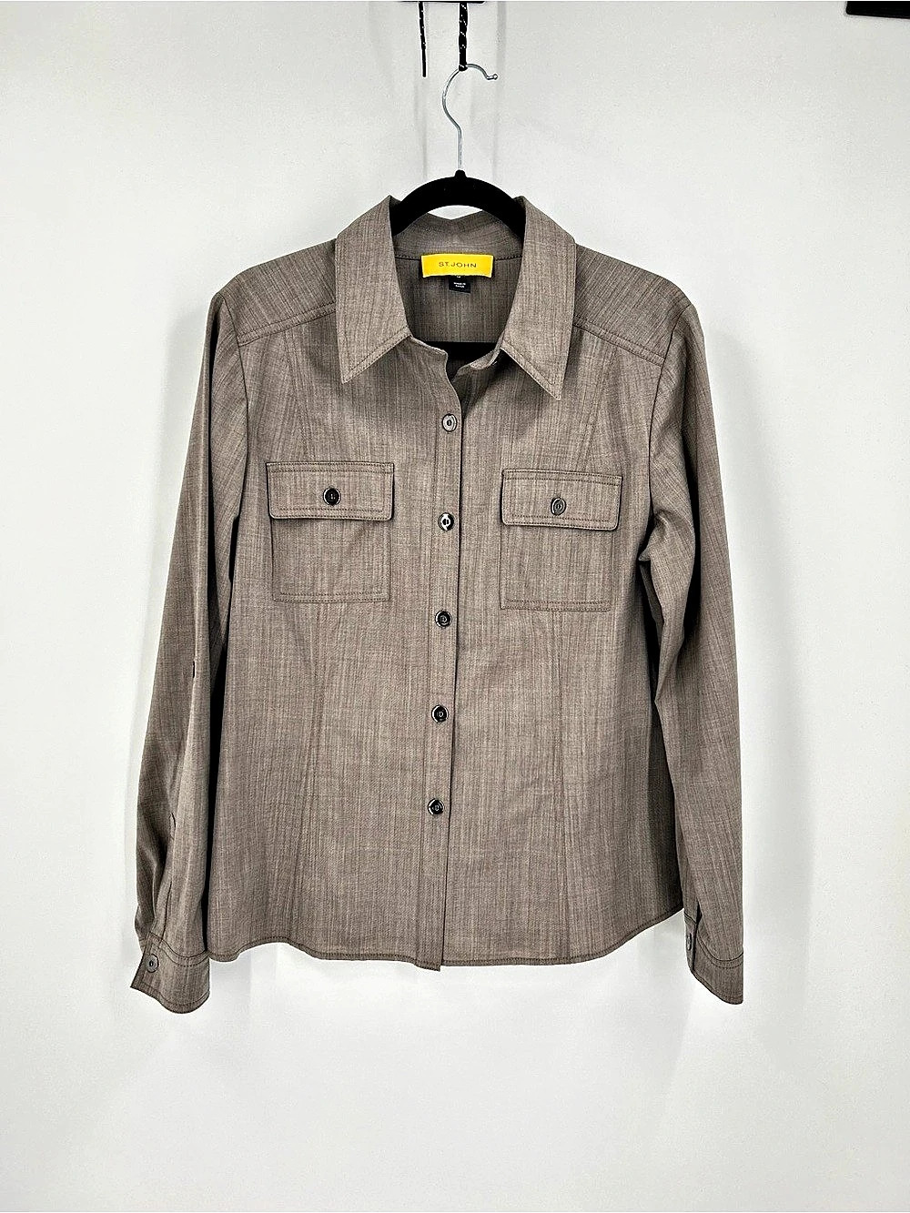St. John Yellow Label Wool Blend Button Down Utility Shirt Taupe Size 12
